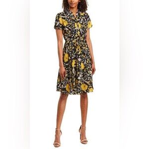 Nanette Lepore Floral Short Sleeve Button Down Flared Skirt Dress